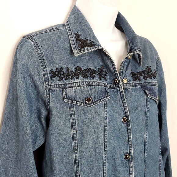 Vtg Denim Snap Front Shirt M Collared Floral Embroidered Beaded Blue Black - Picture 3 of 7